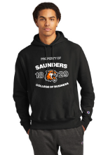 Black champion hoodie with property of Saunders 1829 college of business with a RIT Tiger in the center