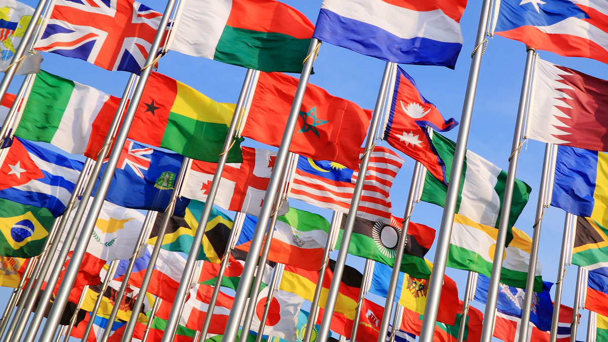 Flags of different countries with blue sky behind.