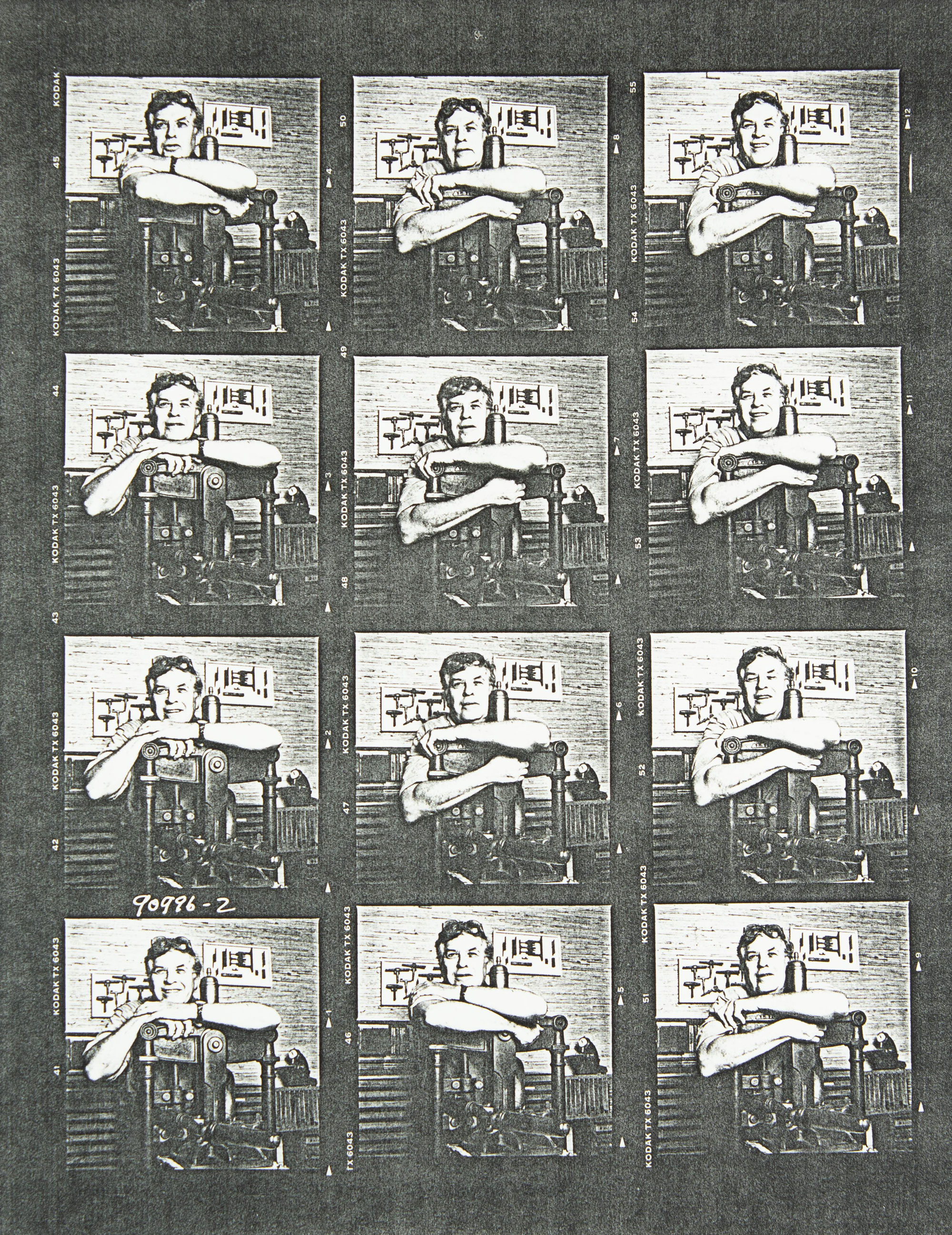 Contact sheet with images of Steven O. Saxe with one of his presses.