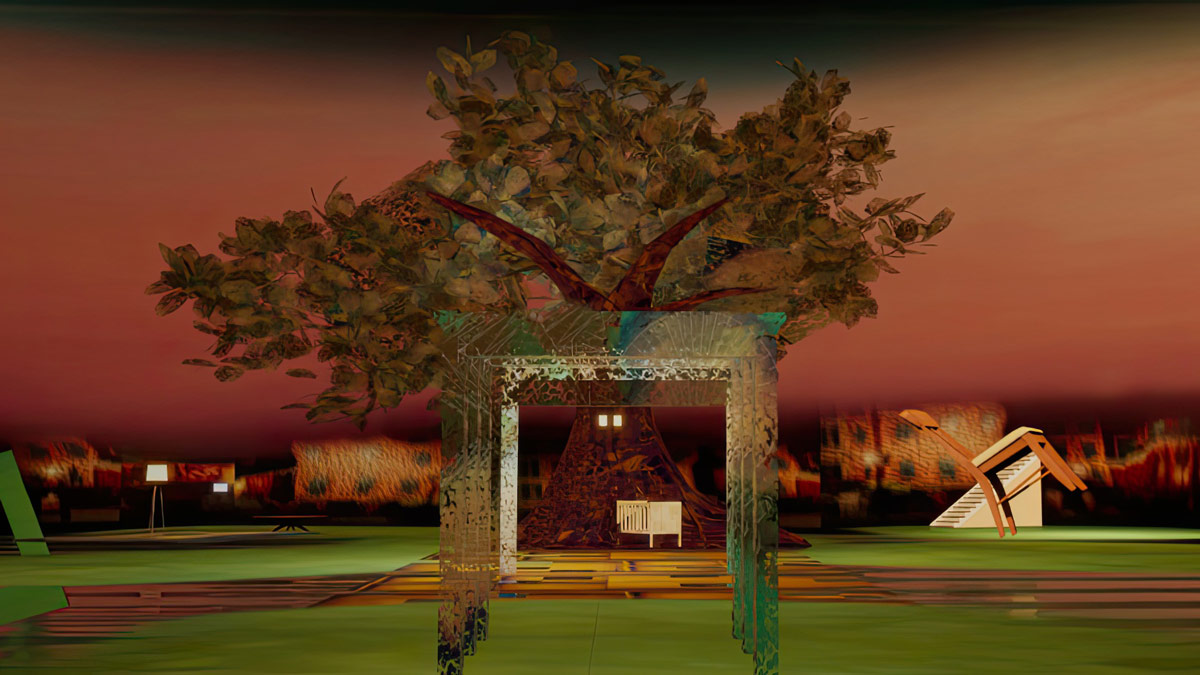 3d graphics of square structure in front of a tree.