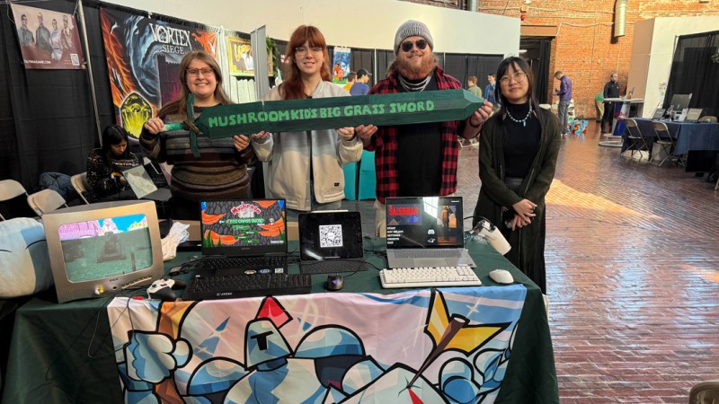 reators Annalee Dorozynski, left, Mary Haley, Jonny RaZeR, and Lan Kung showcasing the studio’s games 'LIMP KNIGHT', 'Mushroom Kid’s Big Grass Sword', and 'The Salesman' at the 2025 Boston Festival of Indie Games.