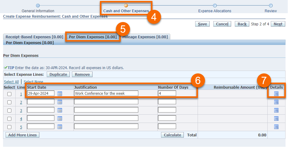 Cash and Other Expenses page showing steps 4 through 7