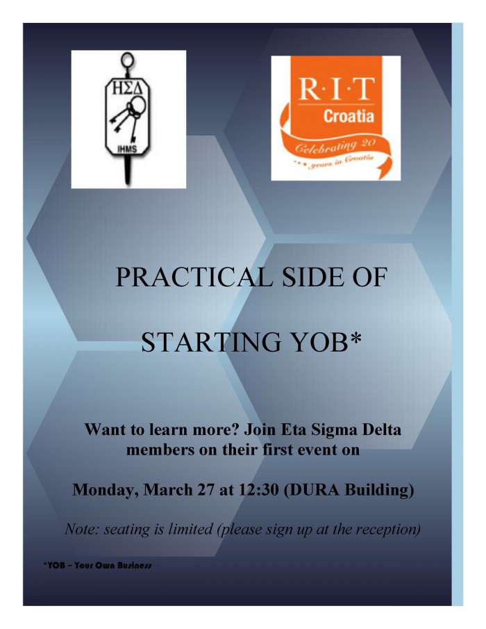 “Start Your Own Business” – announcement of the event in DURA organized by Eta Sigma Delta Honor Society