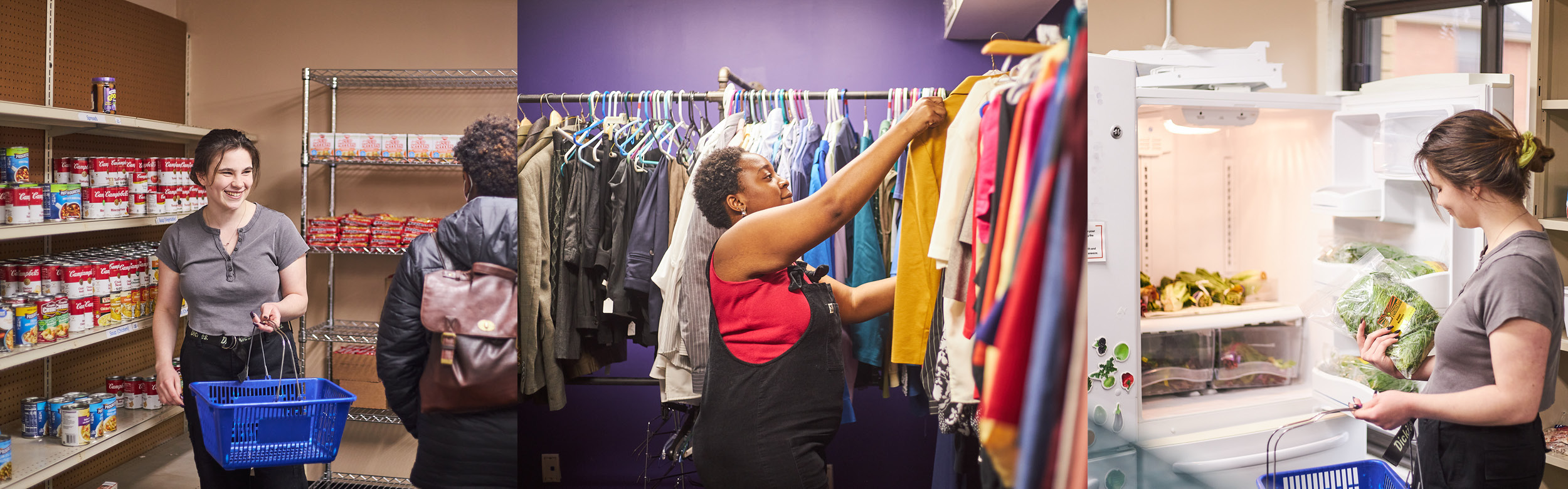 Three photos inside the RIT Foodshare space showing the clothing and food shelving