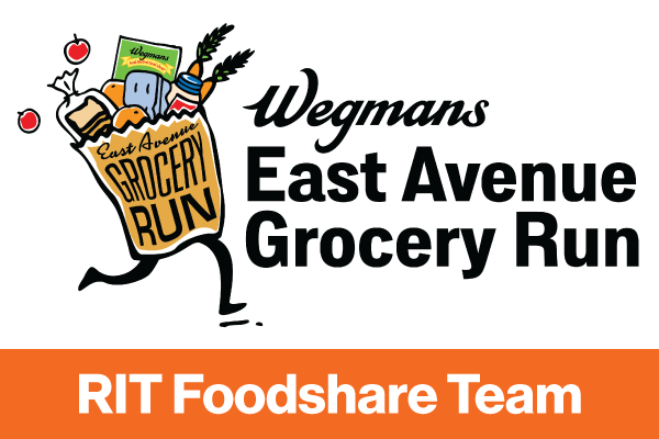 RIT Foodshare team poster for Wegmans East Avenue Grocery Run, where a bag of grocery is running