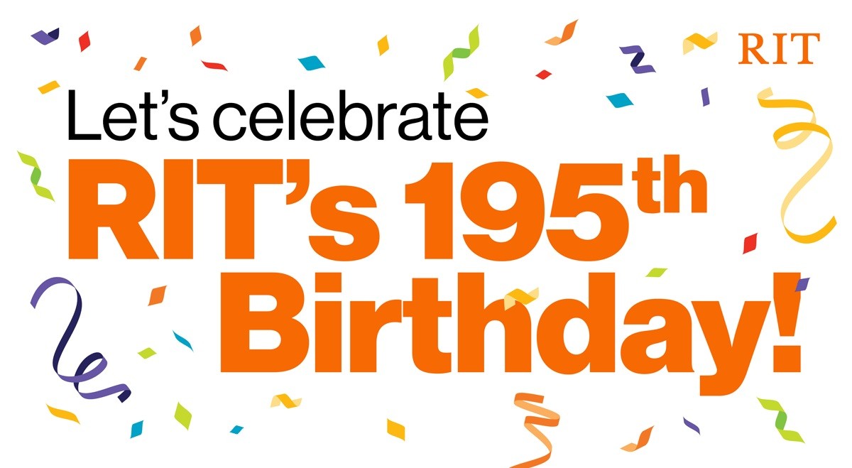 White and Orange banner with text Let's Celebrate RIT's 195th Birthday