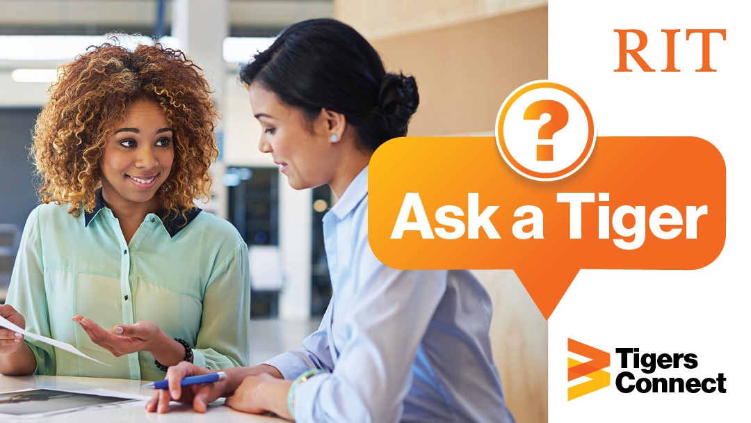 Banner with an orange  text stating Ask a tiger with two people discussing