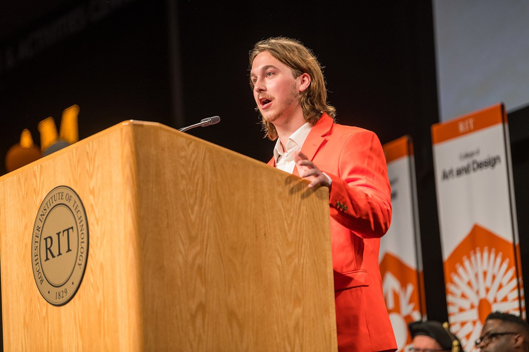 Alex Shuron, a fourth-year mechanical engineering major from Camillus, N.Y., is this year’s Student Government president, and welcomed students to RIT during last week’s New Student Convocation.