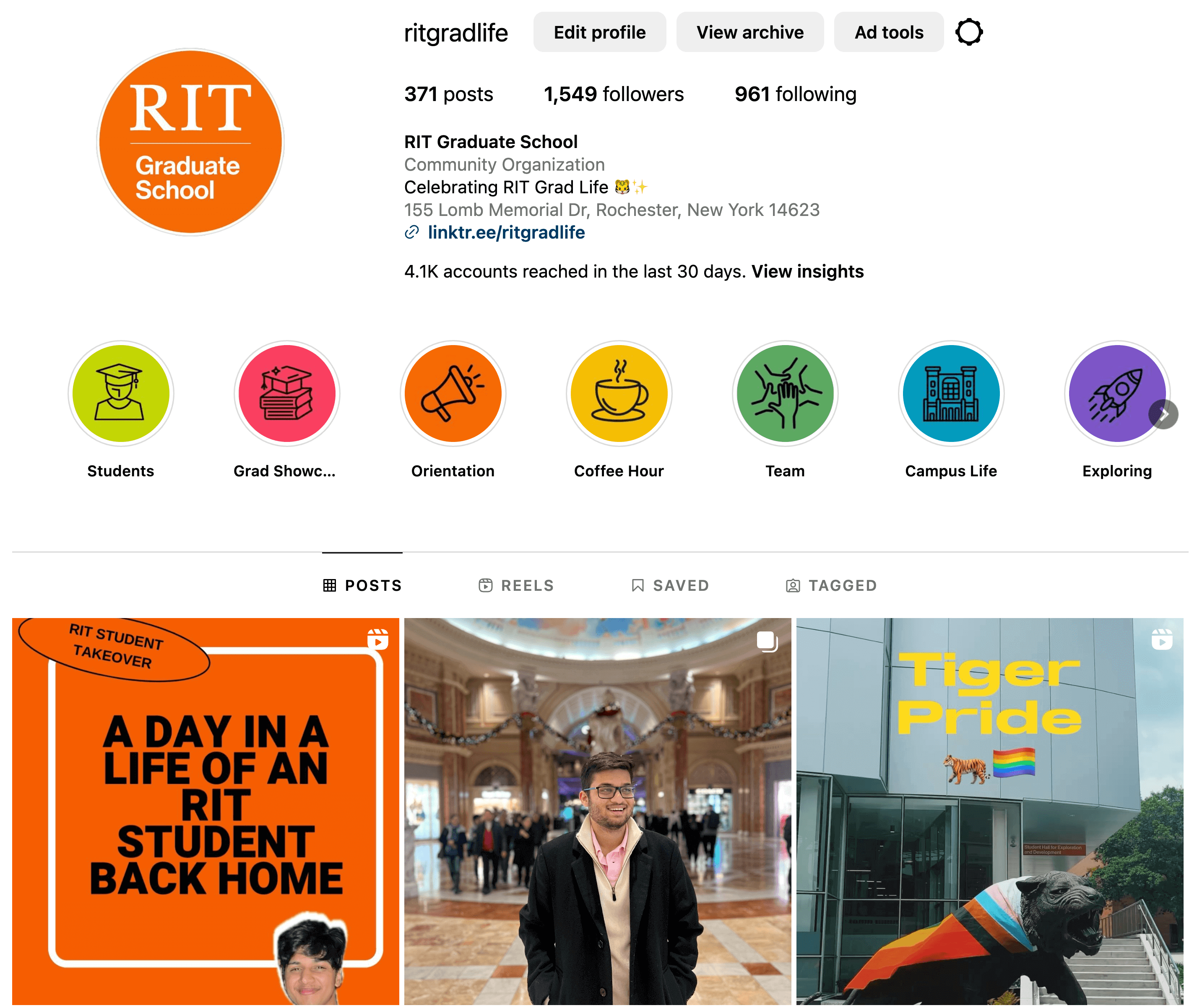 RIT Graduate School Instagram profile image with highlights icons, and 3 tiles with 2/3 grad students and1/3  the RIT tiger statue wearing the pride flag