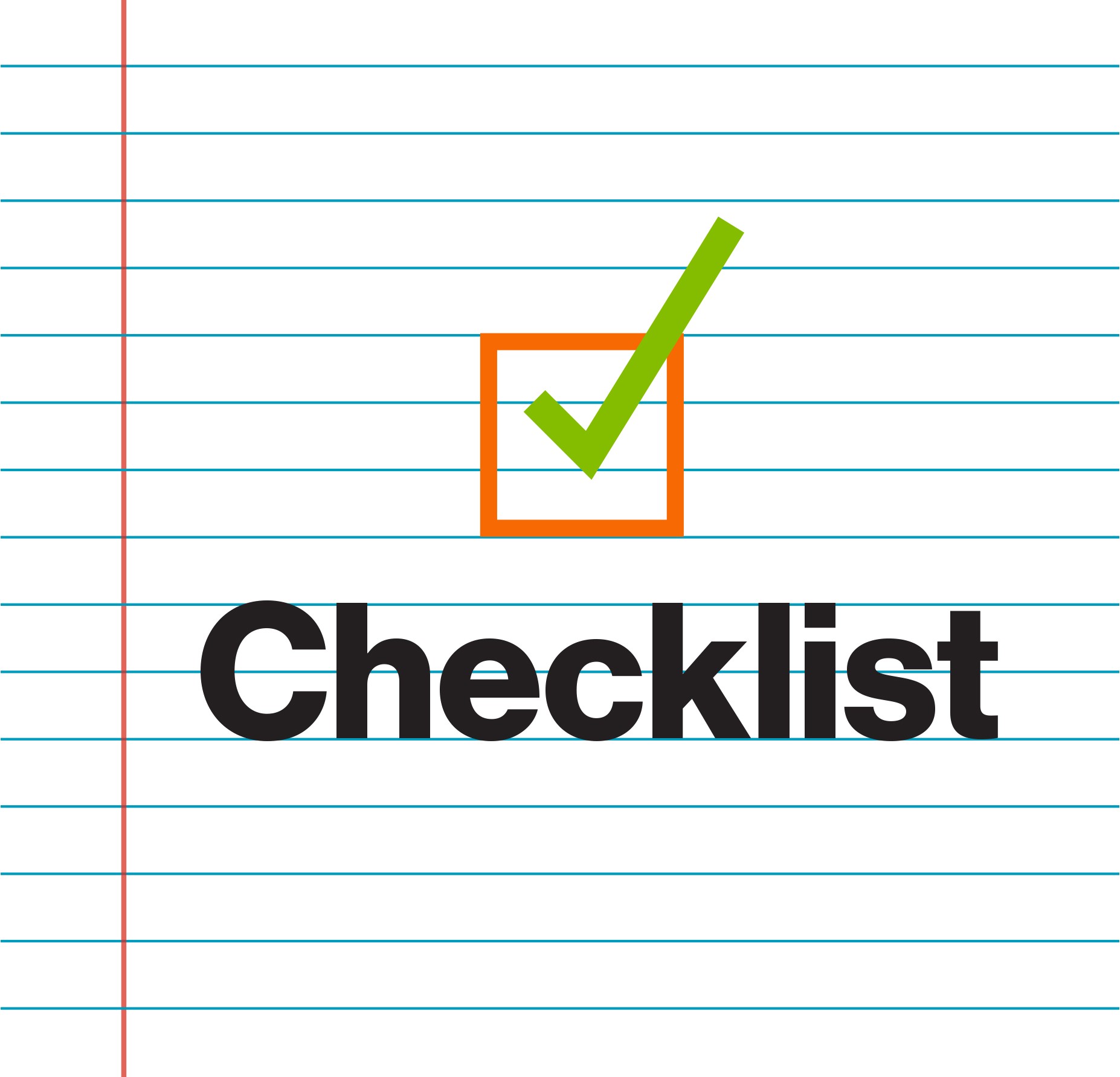 Check mark appears on a piece of paper with the word Checklist written on it