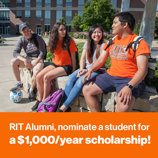 RIT Alumni, nominate a student for a $1000/year scholarship! Students sitting outside on RIT campus