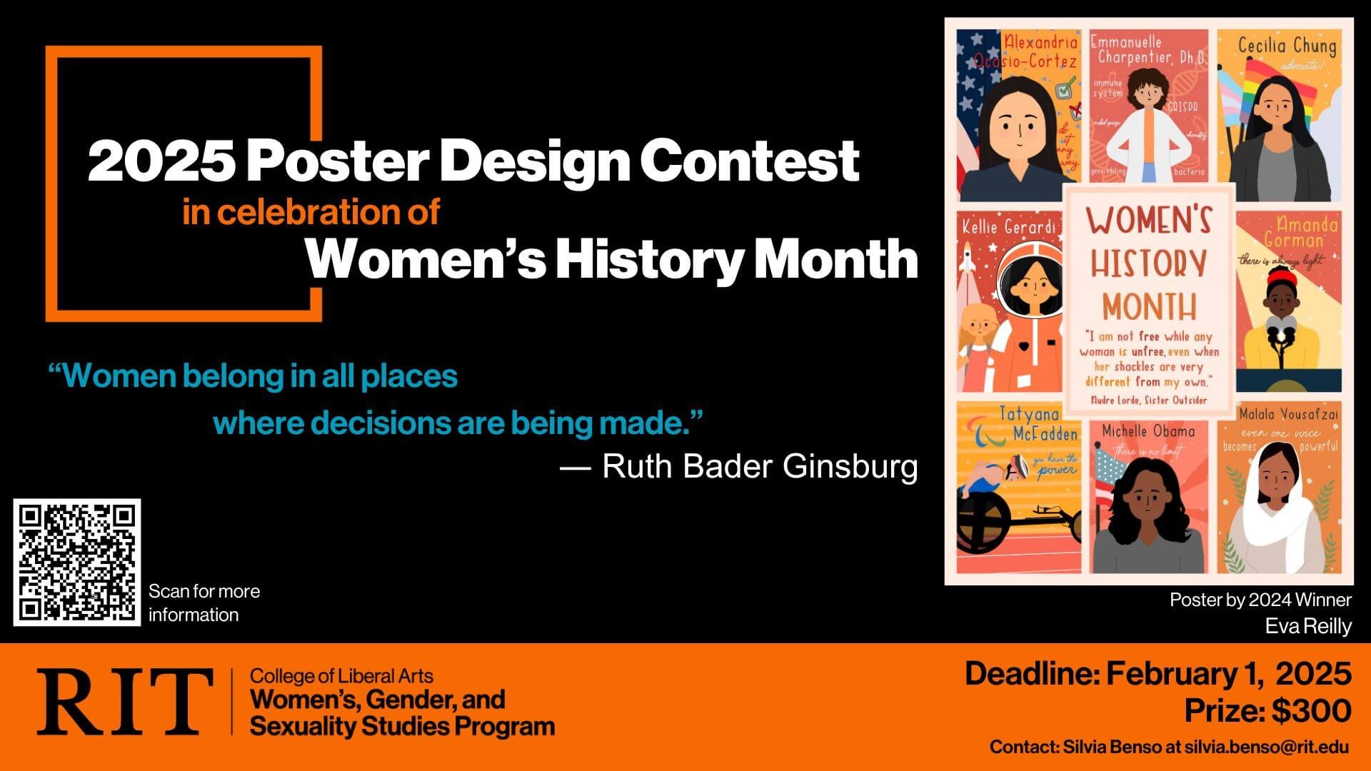 Poster design contest in celebration of Women's History Month. Deadline is February 1, 2025, and offers a $300 prize. The poster features a quote "Women belong in all places where decisions are being made," and displays illustrations of women.