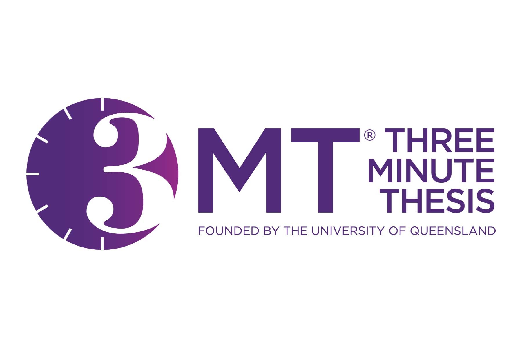 the logo for the "Three Minute Thesis (3MT)" competition, founded by the University of Queensland, is predominantly purple and white text.