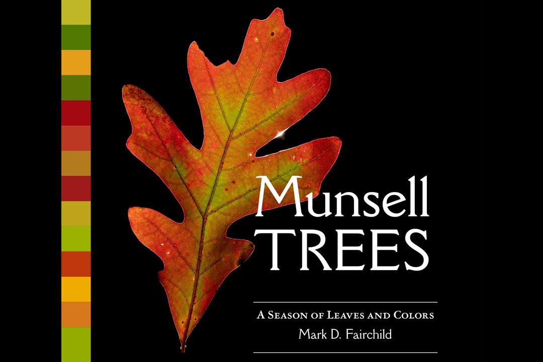 The cover of a book titled "Munsell Trees" by Mark D. Fairchild, subtitled "A Season of Leaves and Colors". It shows a vibrant, autumn leaf and a color bar on the left displaying a range of colors from green to red,