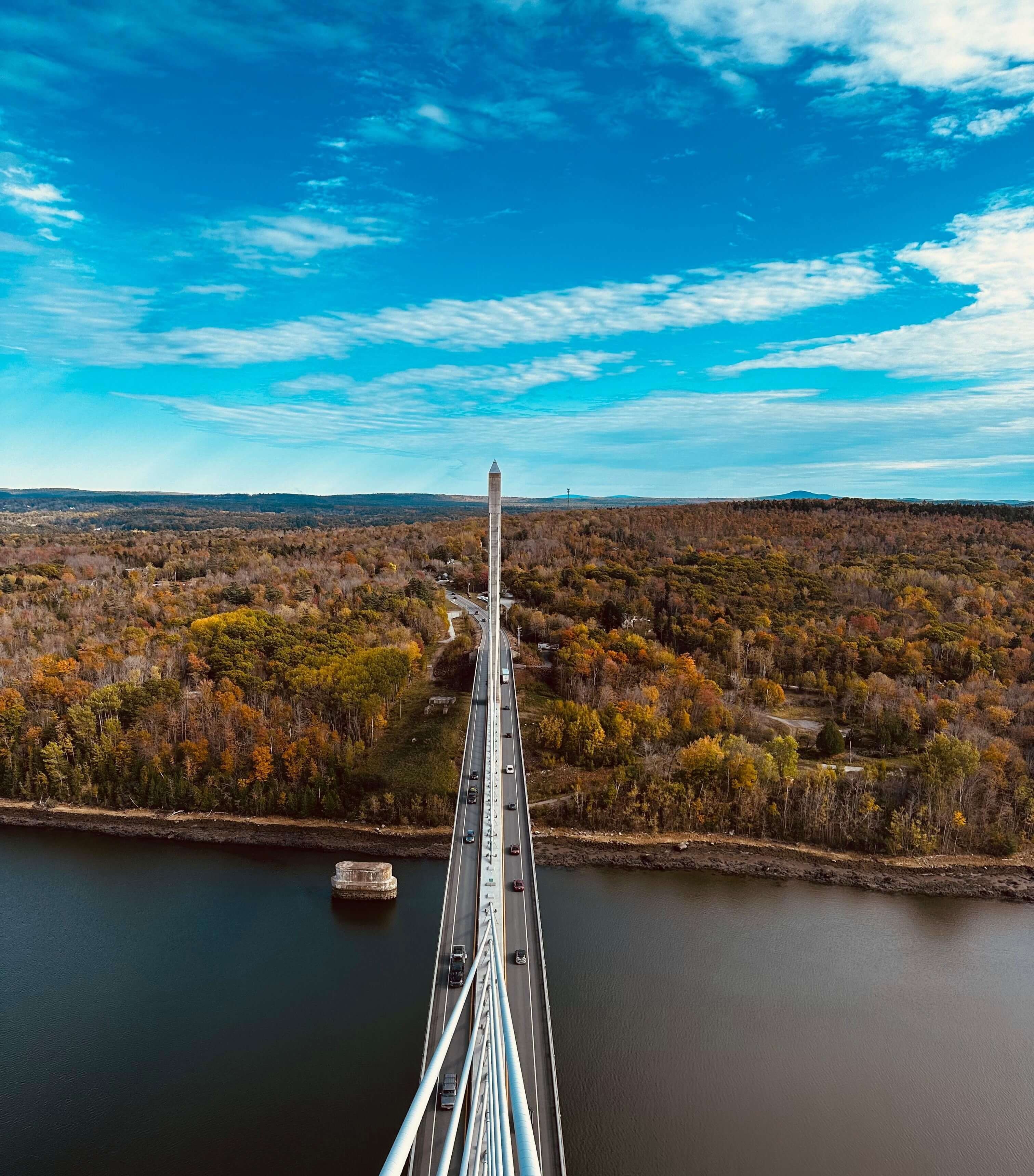 The image depicts an aerial view of a modern suspension bridge over a river, surrounded by a forest in autumn colors.