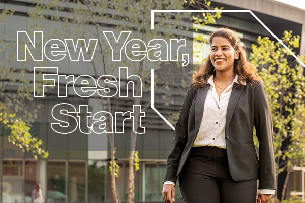 An R I T student in dress clothes, with text that reads New Year, Fresh Start.