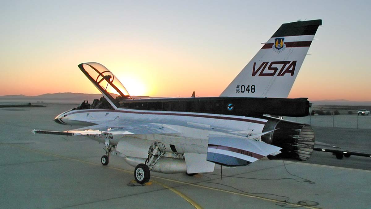 An flight simulator airplane at dusk.