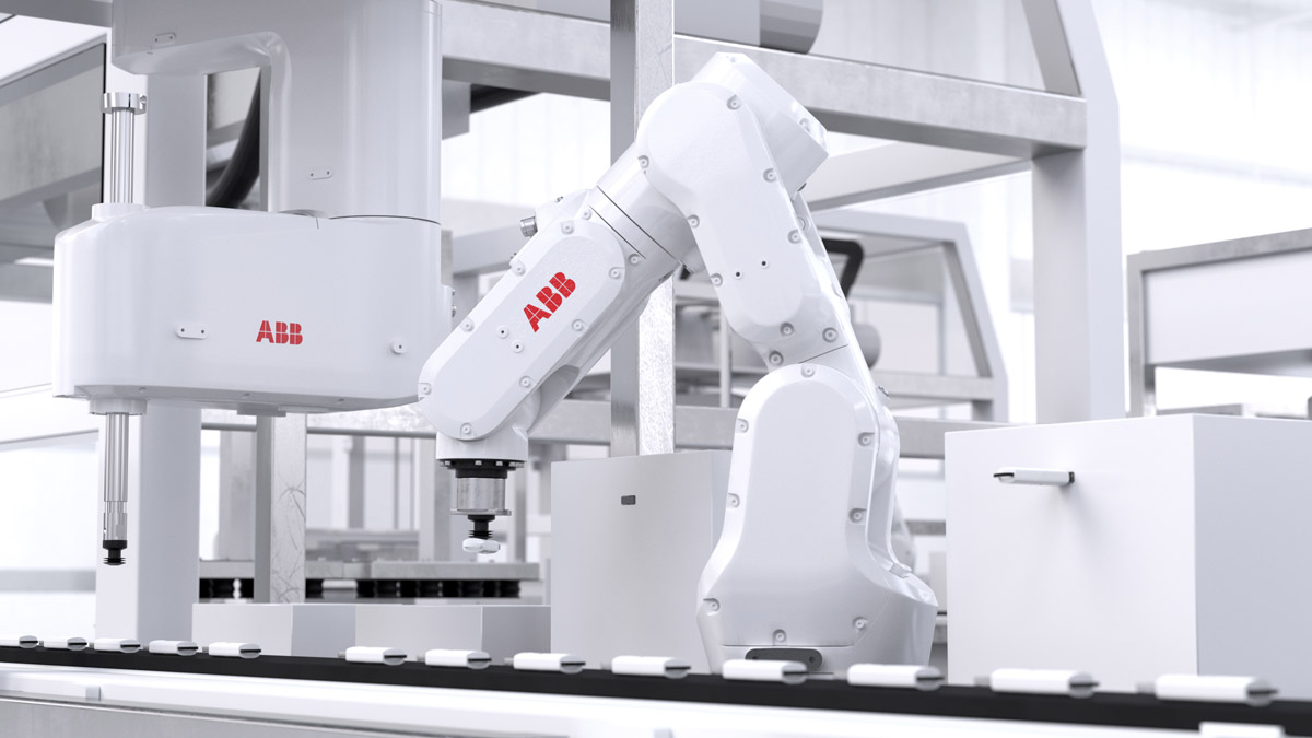 A mechanical arm with a red ABB logo appears to be placing items on a conveyor belt.