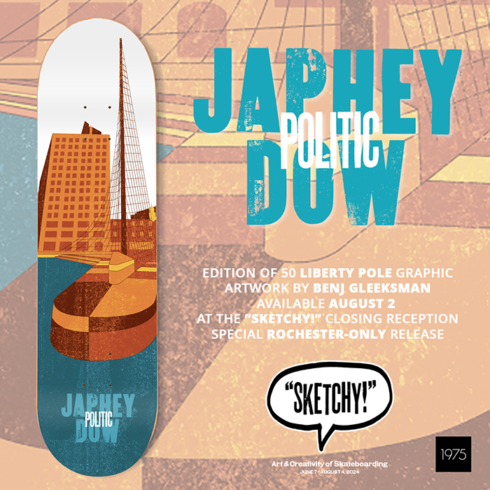 A graphic with a skateboard graphic of Rochester's Liberty Pole.
