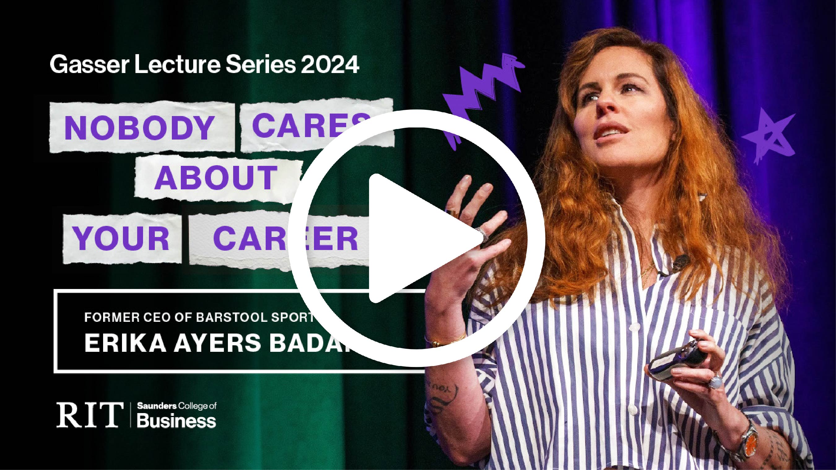 erika ayers badan in front of a curtain on stage with the text "gasser lecture series 2024" and play button