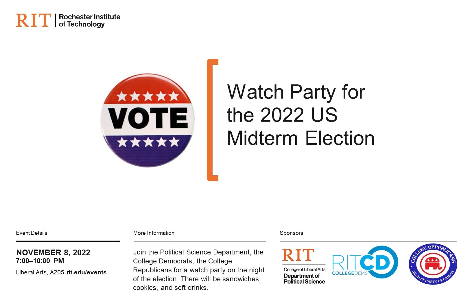 White background with a red and blue election image and information regarding the event