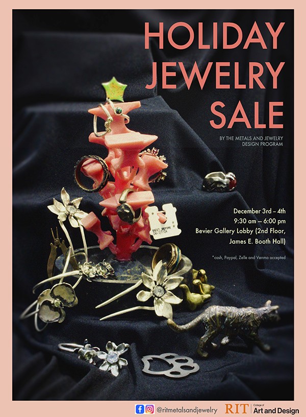 A poster with jewelry designs on it with the words Holiday Jewelry Sale.