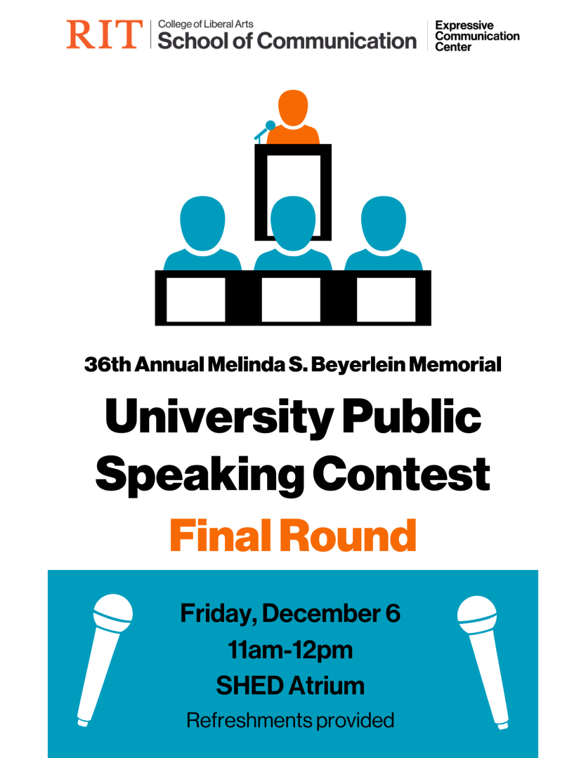 Clipart of a human standing at a podium talking into a microphone and 3 additional humans sitting at smaller podiums in front of the one standing. Black lettering for the title, blue box at the bottom with the date, time, and location.