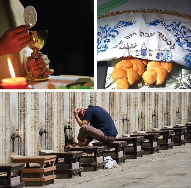 Catholic priest holding up chalice (top left), basket of challah bread (top right), person engaging in wudu in outdoor ablution station (bottom)