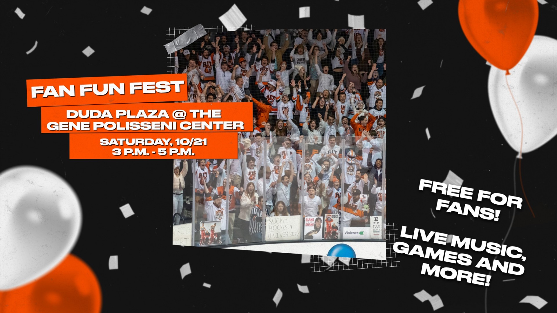 fan fun fest at duda plaza from 3 p.m. - 5 p.m.; fans cheering on black background