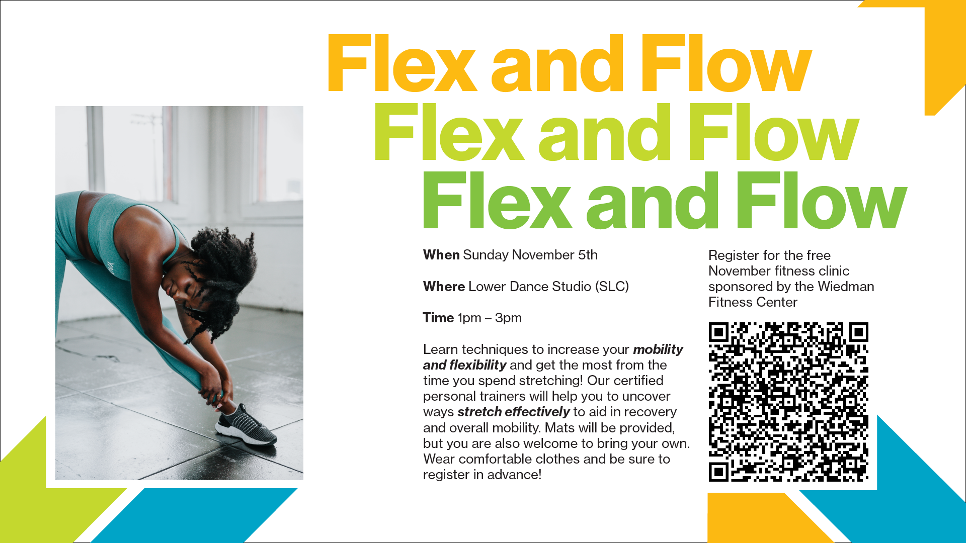 Woman stretching with text describing flex & flow clinic