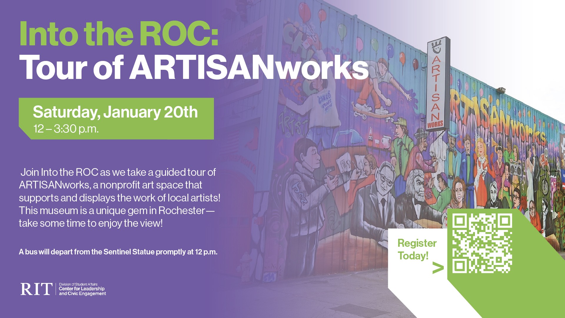 Green and white text on a purple gradient with a painted collage on the side of the ARTISANworks building. QR to register is located in the lower right corner.