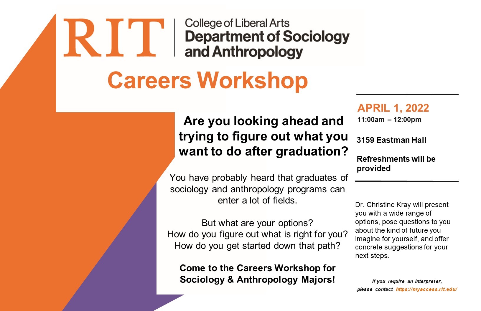 An orange, black, and purple image depicting the date, time, and place of the Sociology & Anthropology Careers Workshop.