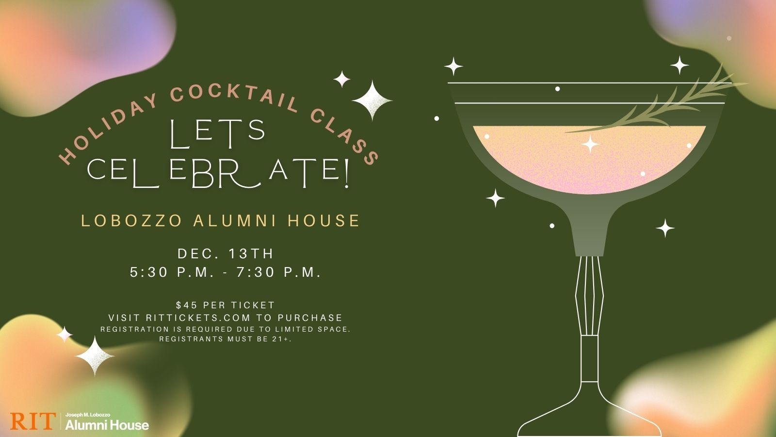 cocktail glass with event information