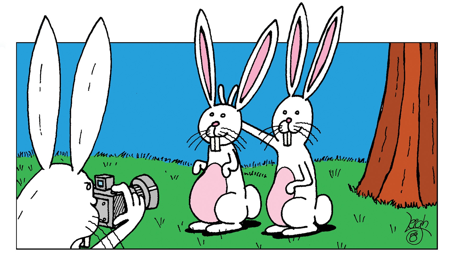 Two cartoon bunnies, being photographed by a third bunny. One of the bunnies is giving the other "bunny ears" with two fingers.