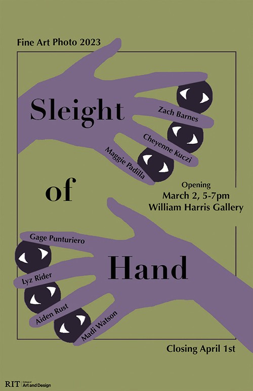 A promo poster with two large, purple hands, with the names of artists featured in an exhibition.