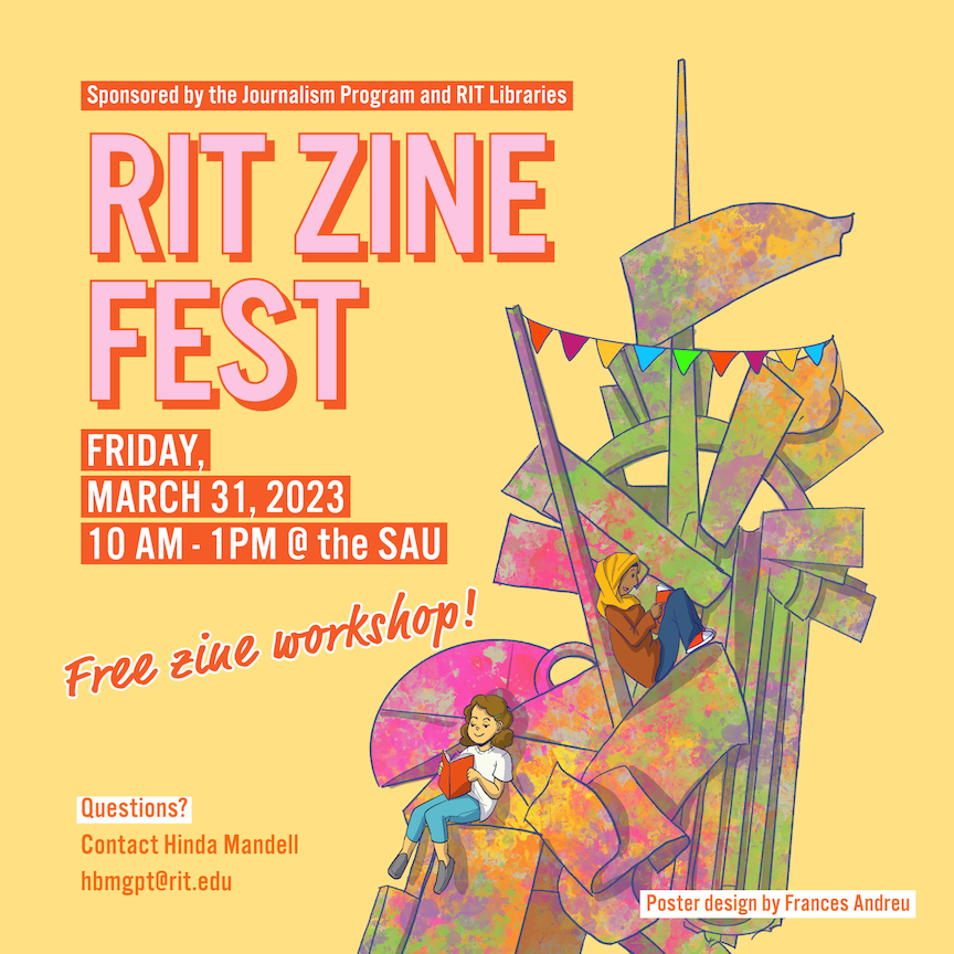 an image that says RIT Zine Fest March 31 with imaginative illustration