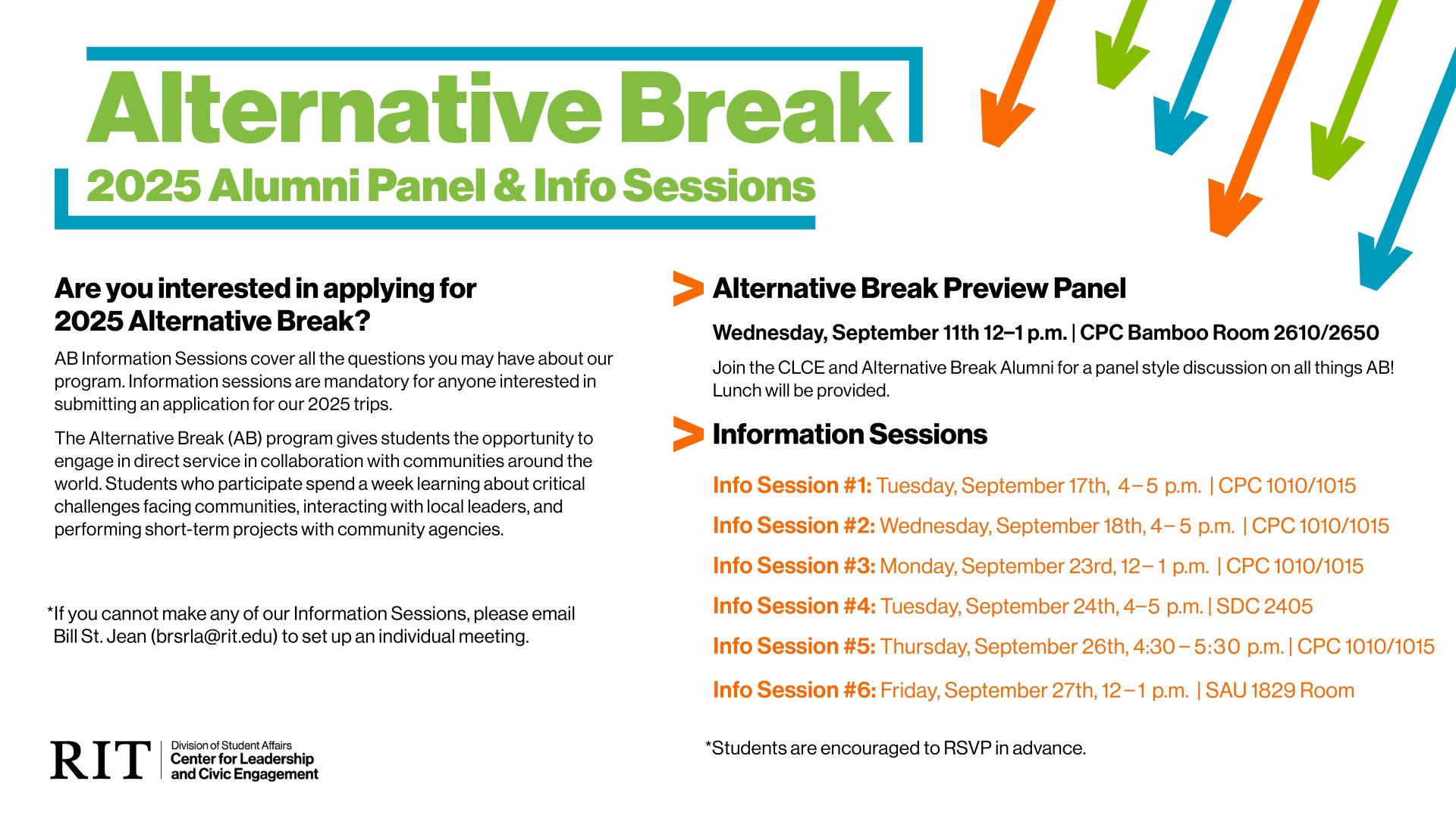 image of text with the description of Alternative Break listed above and the information session dates