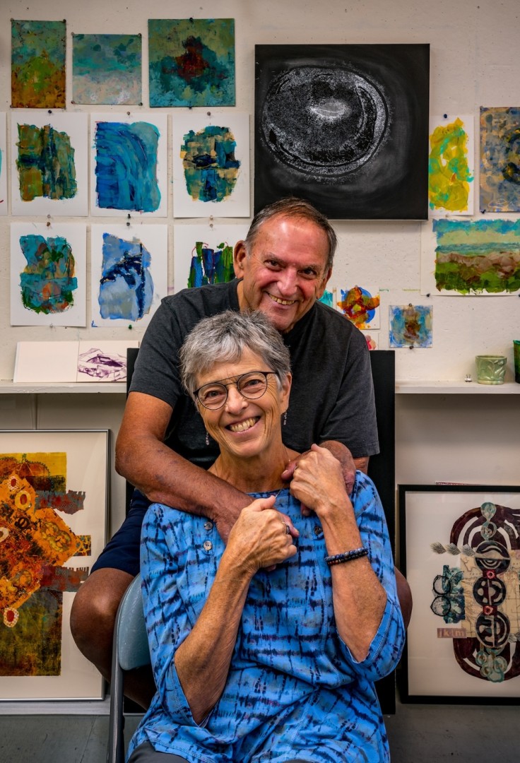 a photograph of artists Bill and Jen Stephens in their studio.