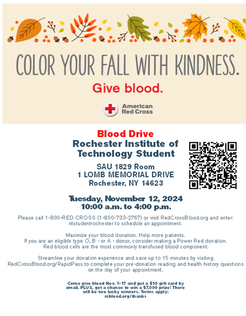 Fall leaves with text Color Your Fall With Kindness. Give Blood.  