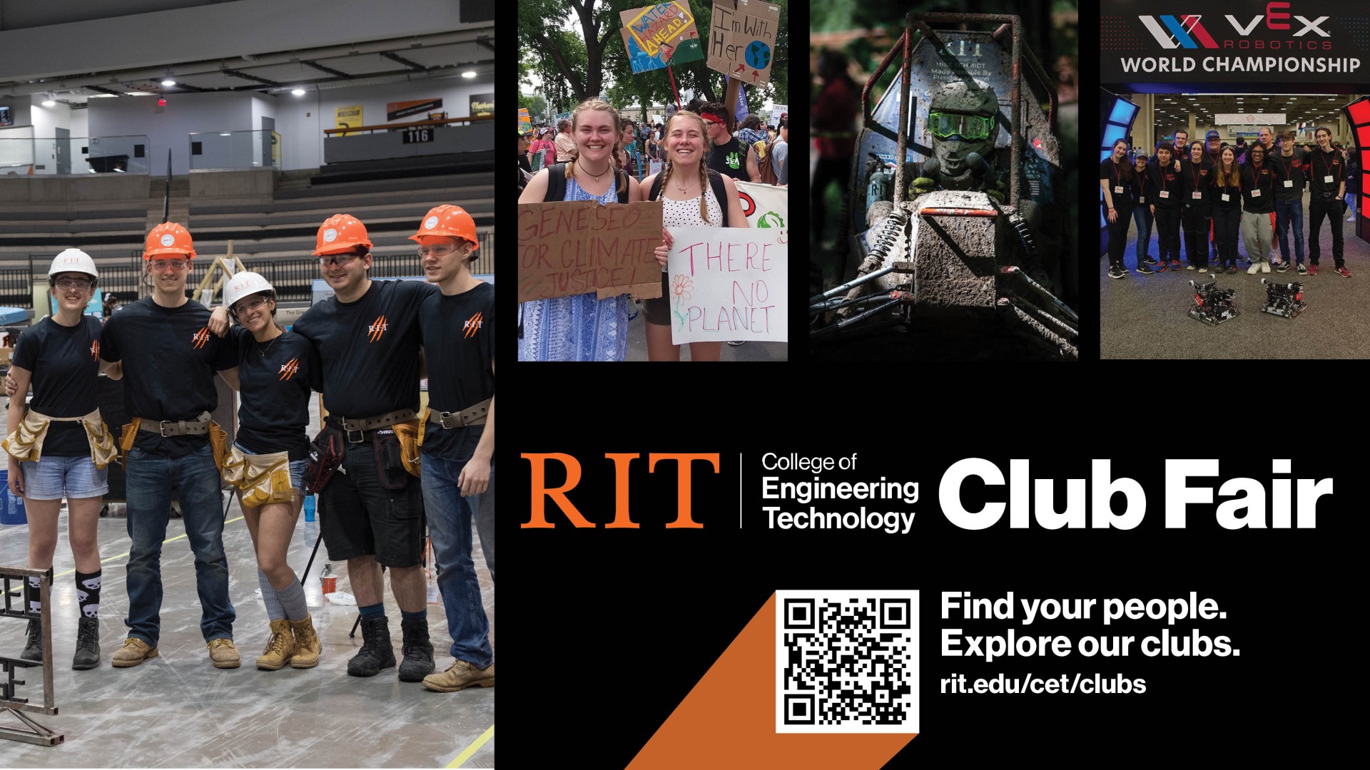 college of engineering technology club fair ad highlighting vex robotics club, baja, and sustainability