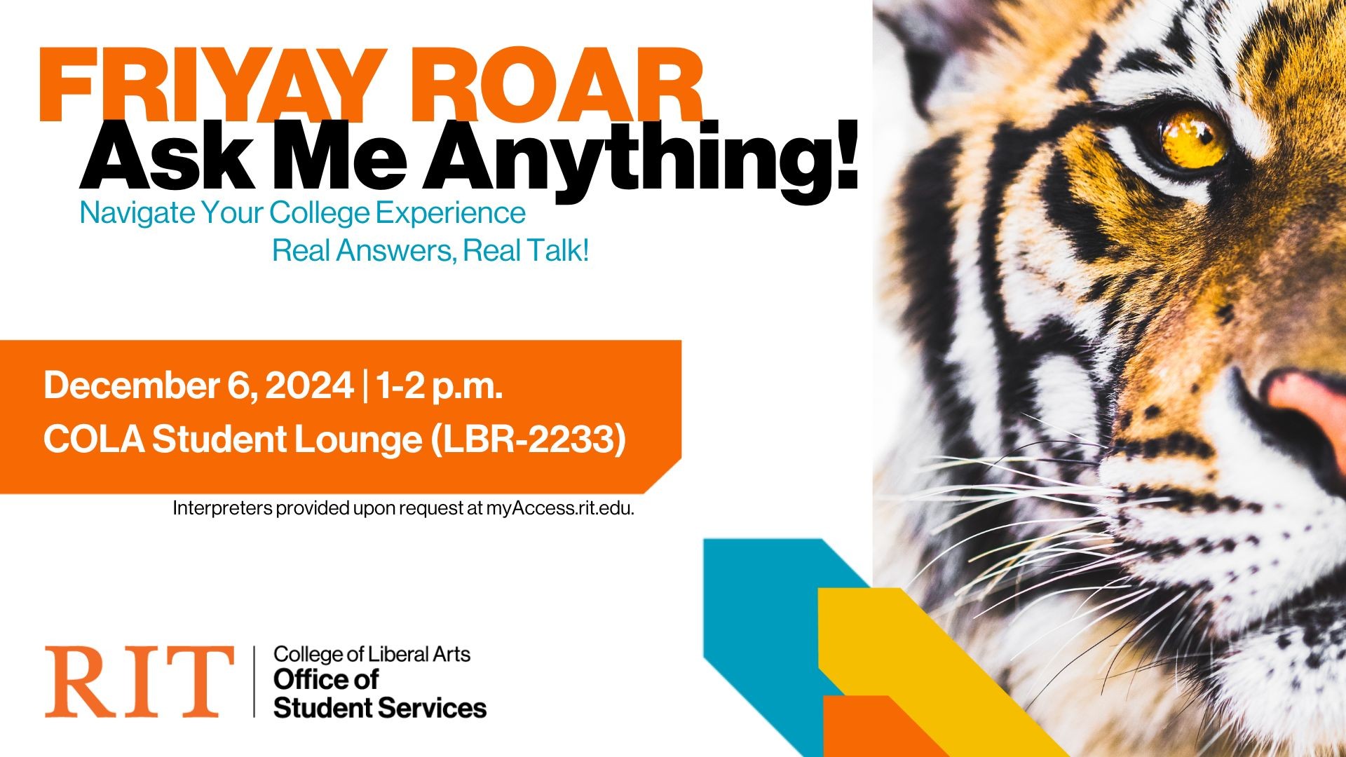 White background with an image of a tiger all the way to the right looking at you with one eye. Text about the event with an orange rectangle with the event date time and location.