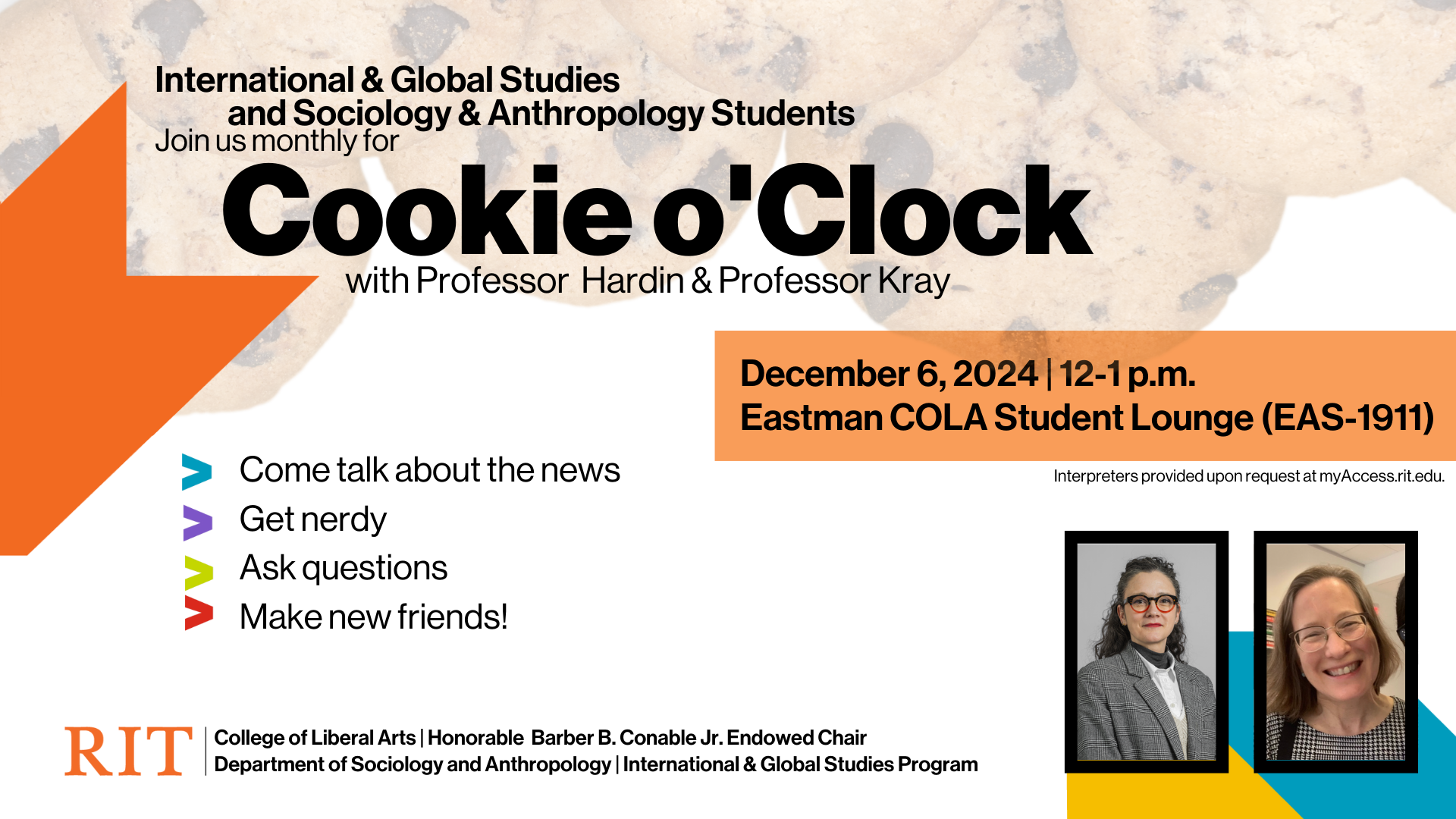 White background with cookies along the top, information about the event and images of the professors hosting the event