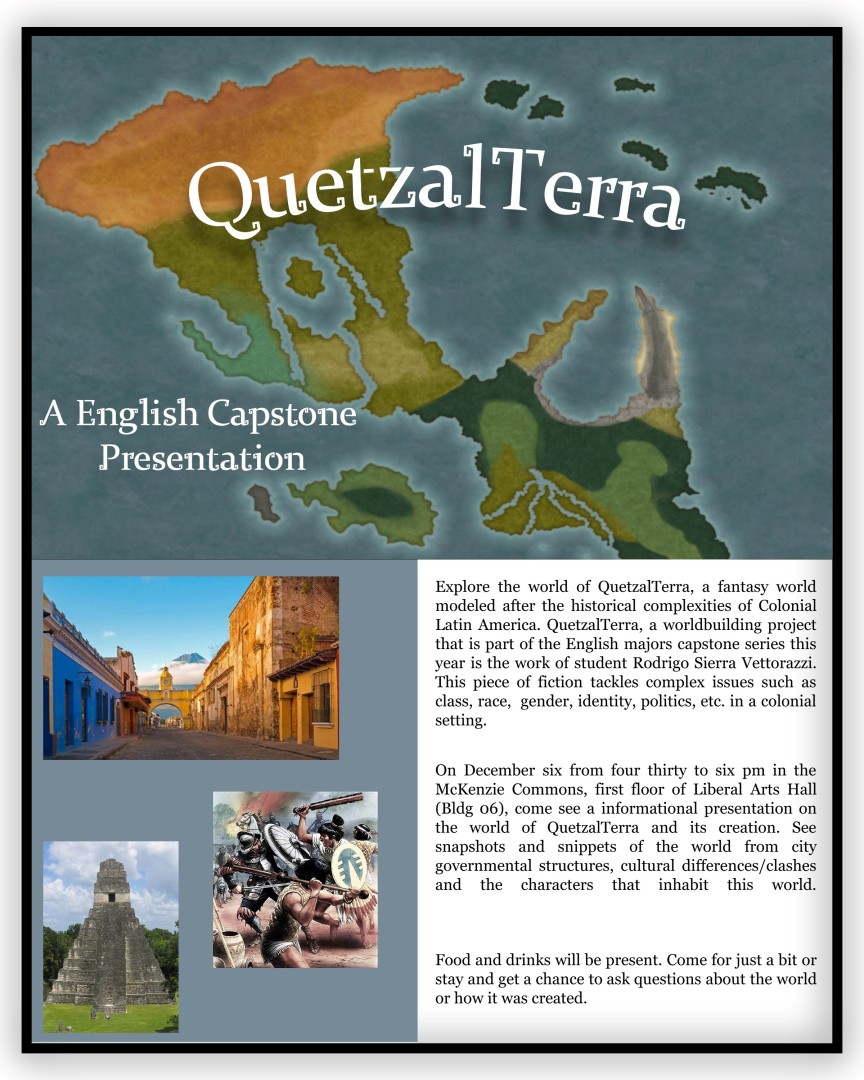 A map at the top with Quetzal Terra written at the top of it in white, images from the project on the bottom left and text on the bottom right.