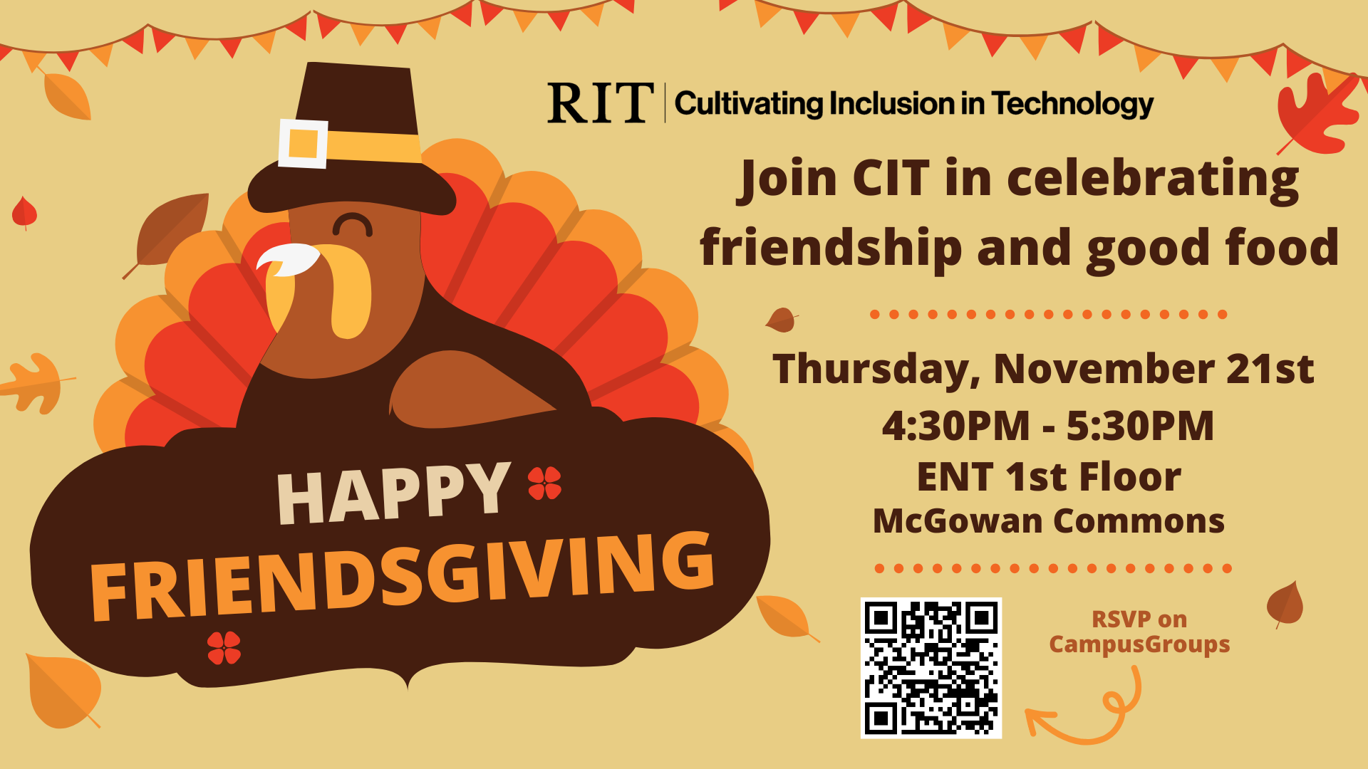 invitation to a Friendsgiving dinner event featuring a turkey in a hat