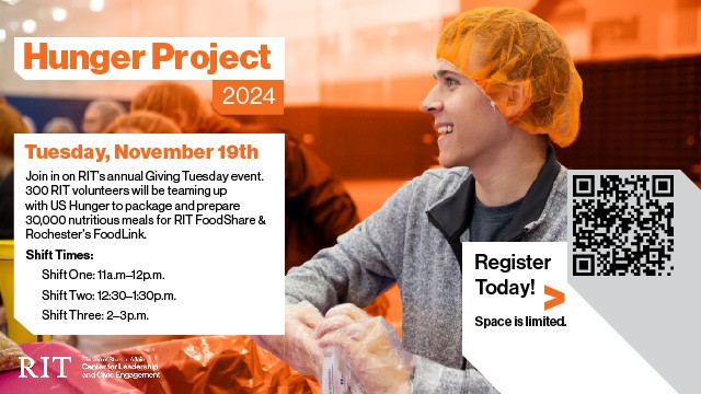 image of a student wearing an orange hair net, smiling, and packaging food food.