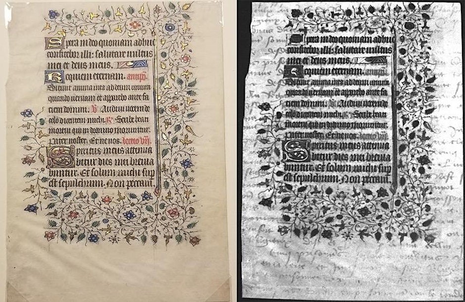 Medieval text in color on the left and black and white on the right