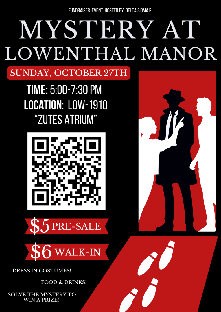 mystery at lowenthal manor, october 27 5 pm to 7:30 pm in the zutes atrium