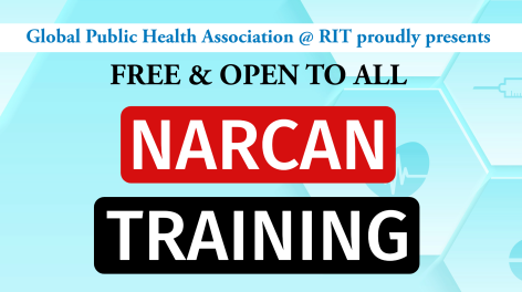 Blue background with "Free & Open to All - Narcan Training"