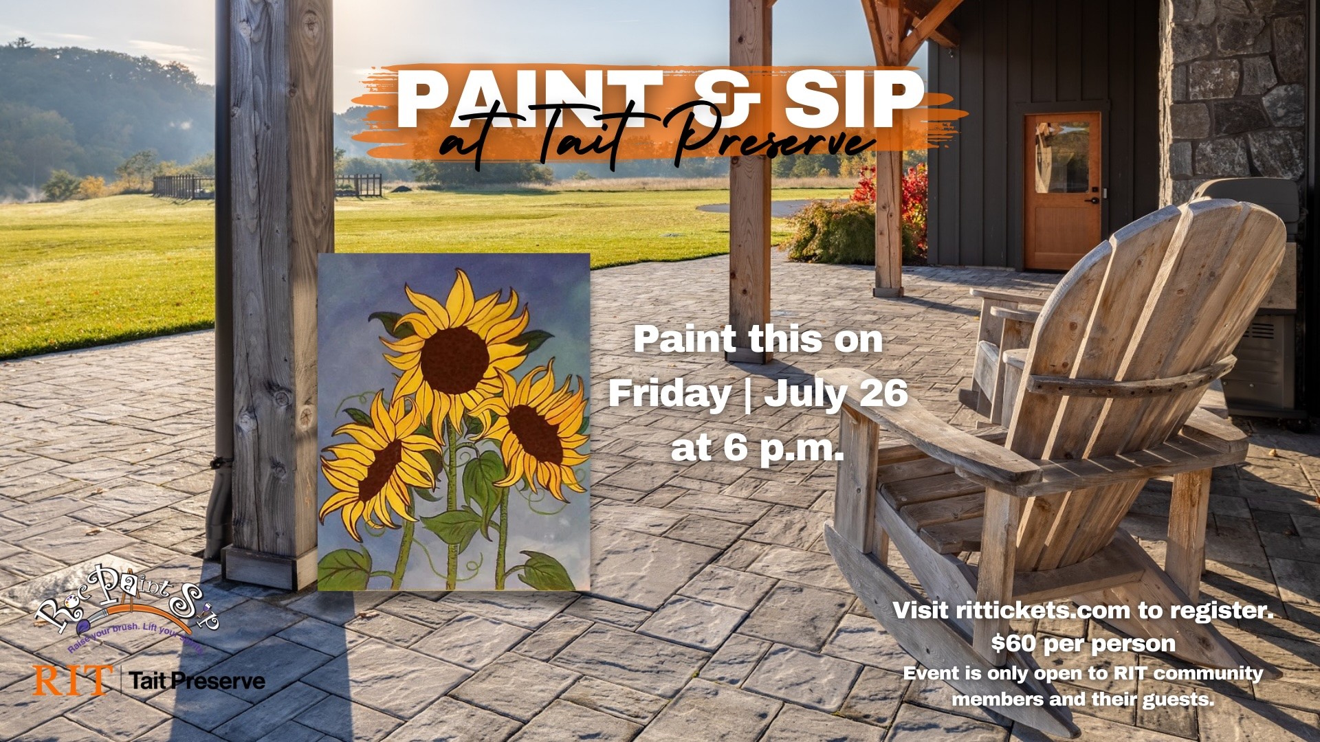 tait patio with paint and sip event details. sun flower painting and logos