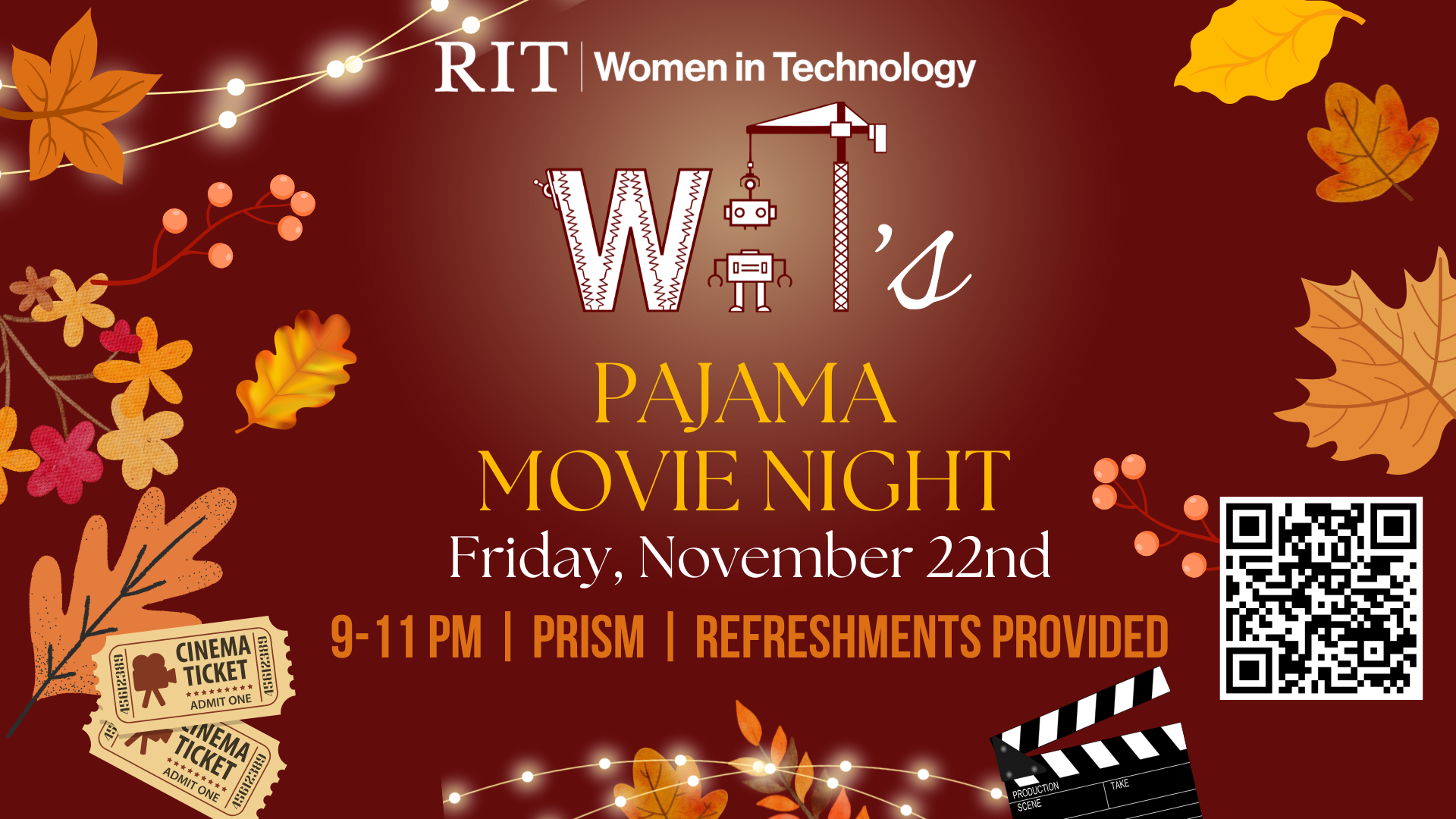 flyer for pajama movie night with fall leaves and lights